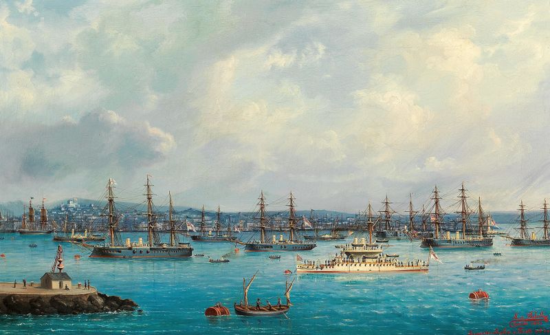 Marine scene with ships at sea, oil painting by Ludwig Rubelli von Sturmfest