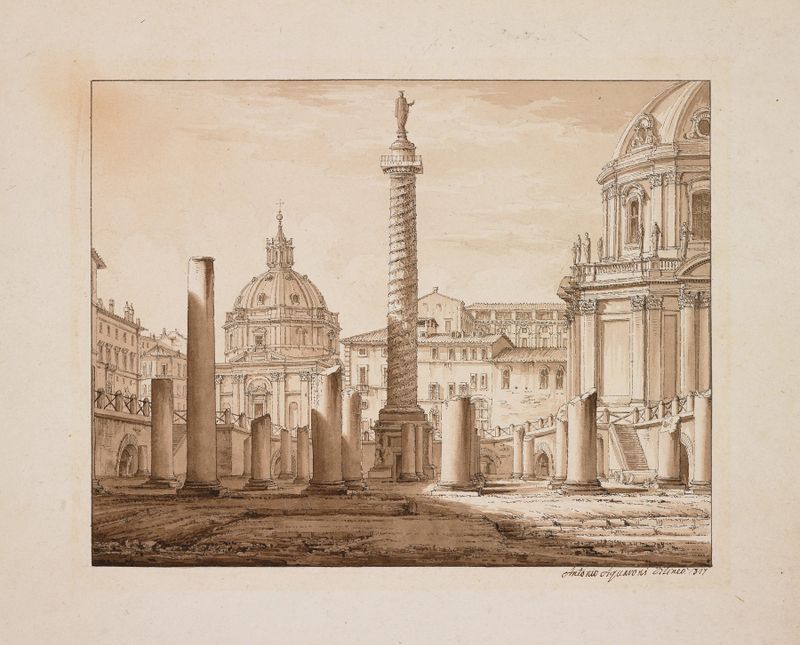 Foro de Trajano en mármol de Antonio Acquaroni, con columnas imponentes y luz cálida del atardecer.