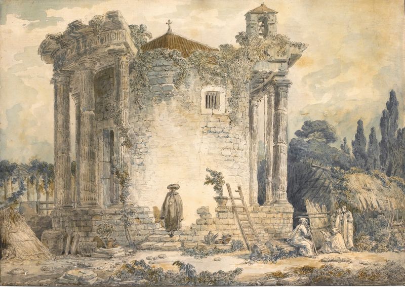 El Templo de la Sibila en Tivoli, un hombre con capa y sombrero, Hubert Robert, óleo
