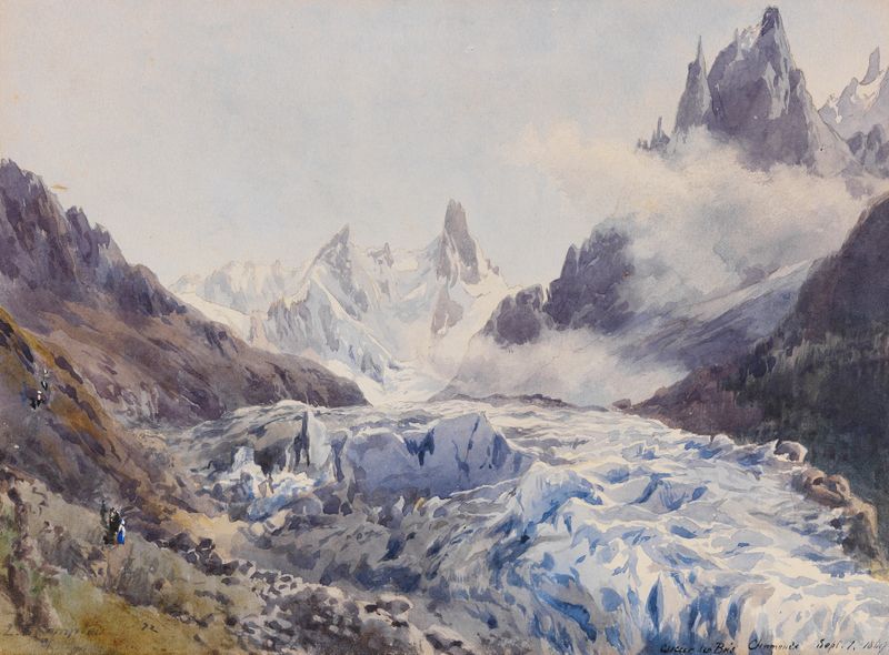 Glacier des Bois, óleo sobre tela de Edward Theodore Compton, retratando uma paisagem montanhosa nevada.