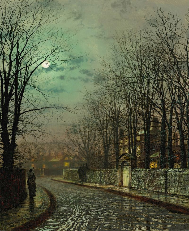 The Tryst de John Atkinson Grimshaw, óleo que muestra a una pareja en un jardín iluminado por una linterna.