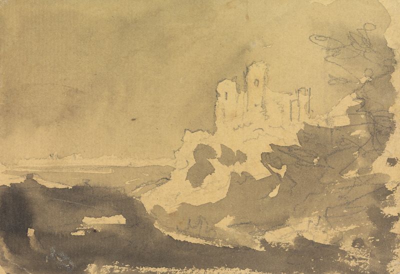 Aquarela de William Gilpin mostrando um castelo à beira de um lago ao crepúsculo