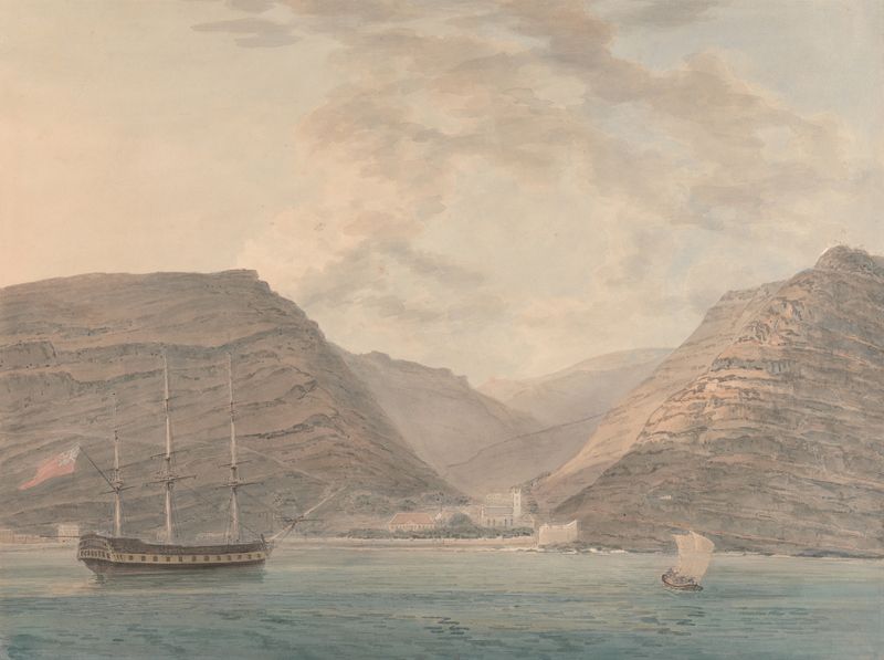 Oil on canvas by Samuel Davis depicting a warship moored in a harbor with mountains in the background.