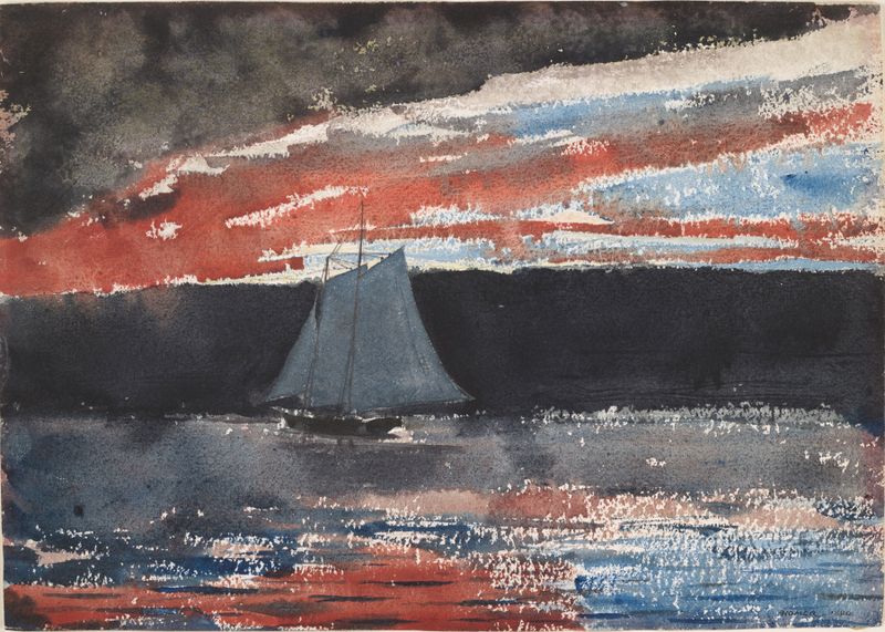 Schooner al atardecer, óleo sobre lienzo de Winslow Homer