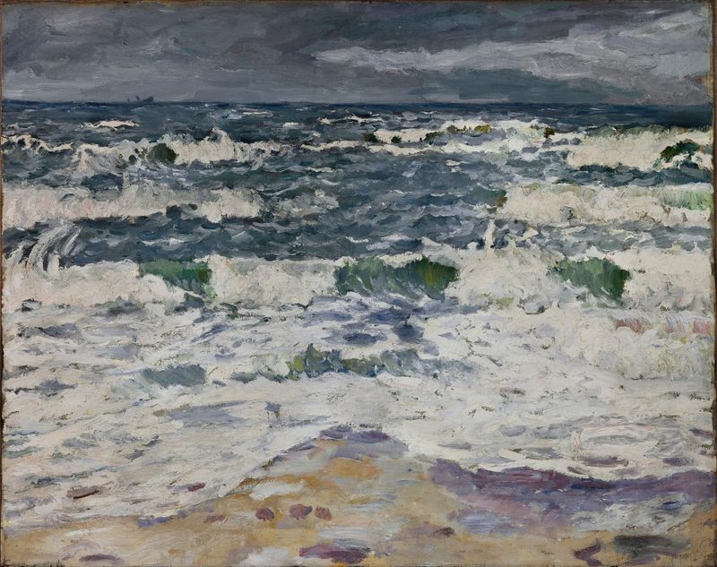 Gray Day at the Sea by Max Beckmann, oil on canvas depicting turbulent waves and a blurred horizon.