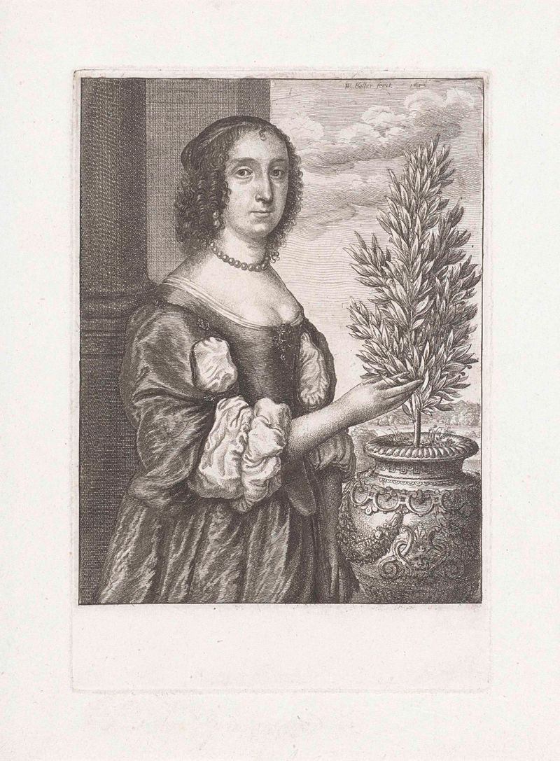 Gravura de Wenceslaus Hollar de uma mulher em pé ao lado de uma planta de louro