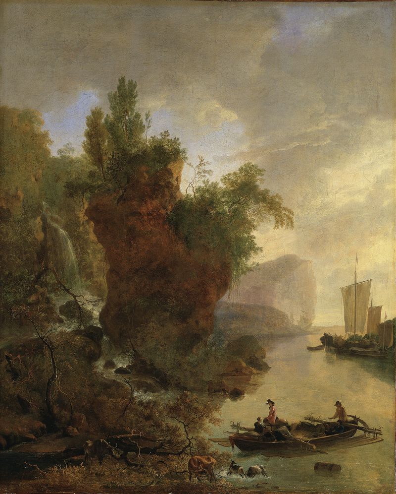 Bay with a Rocky Coast by Adam Pynacker, depicting a rocky coastline and surf, medium unknown.