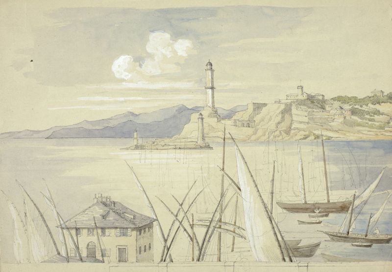 Genoa from the Croce di Malta de Elizabeth Murray, óleo sobre tela retratando uma cena marinha serena com barcos e ondas.