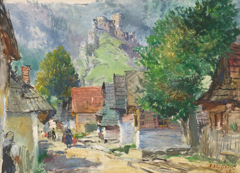 Pintura a óleo de Oldřich Blažíček retratando um rio e natureza exuberante