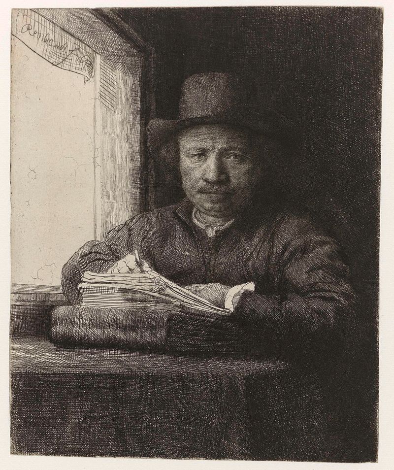 Aguafuerte de autorretrato de Rembrandt van Rijn en una ventana, usando un sombrero