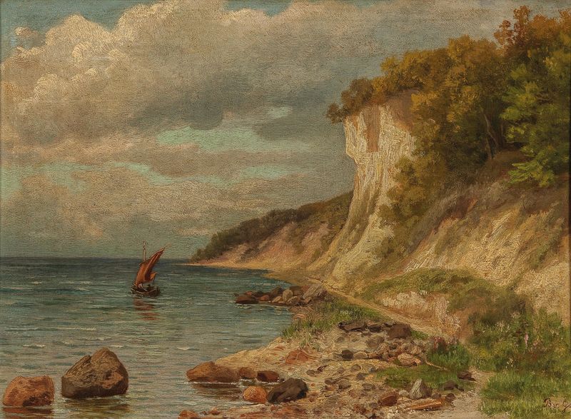 Chalk Cliffs on the Island of Rügen, óleo sobre lienzo de Berta von Grab que representa acantilados y océano.