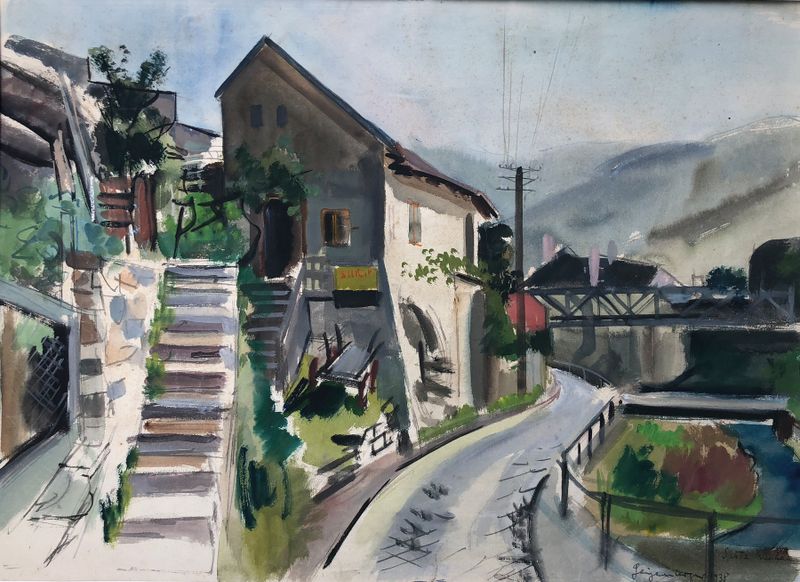 Pintura a óleo de paisagem por Otto Geigenberger, retratando um vale com tons vibrantes e jogo de luz.