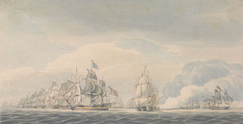 The Battle of Cape St. Vincent by Robert Cleveley, oil painting depicting ships in a stormy sea