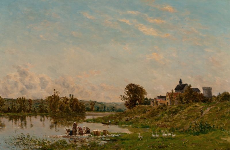 Les lavandeuses, pintura al óleo de Hippolyte Camille Delpy, que muestra a mujeres en un campo de lavanda.