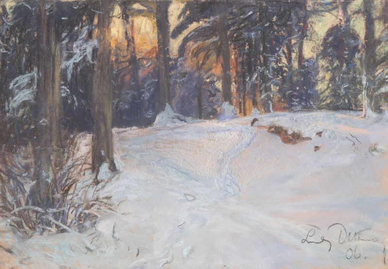 Winter Woods de Ludwig Julius Christian Dettmann, óleo sobre lienzo, que representa un paisaje forestal nevado.