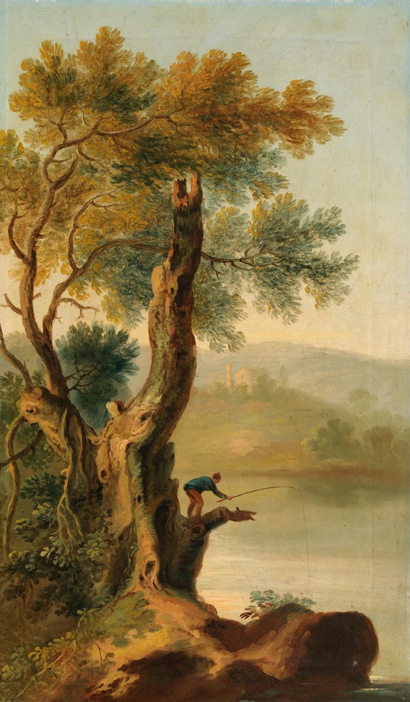 A Landscape with a Man Fishing de George Barret, pintura al óleo que muestra un pescador junto a un río.