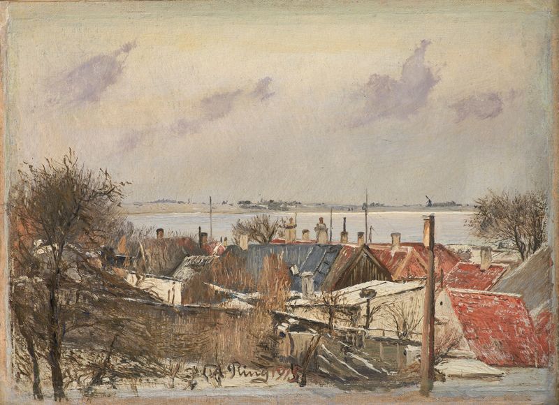 Oil painting by Laurits Andersen Ring depicting a fjord and sky.