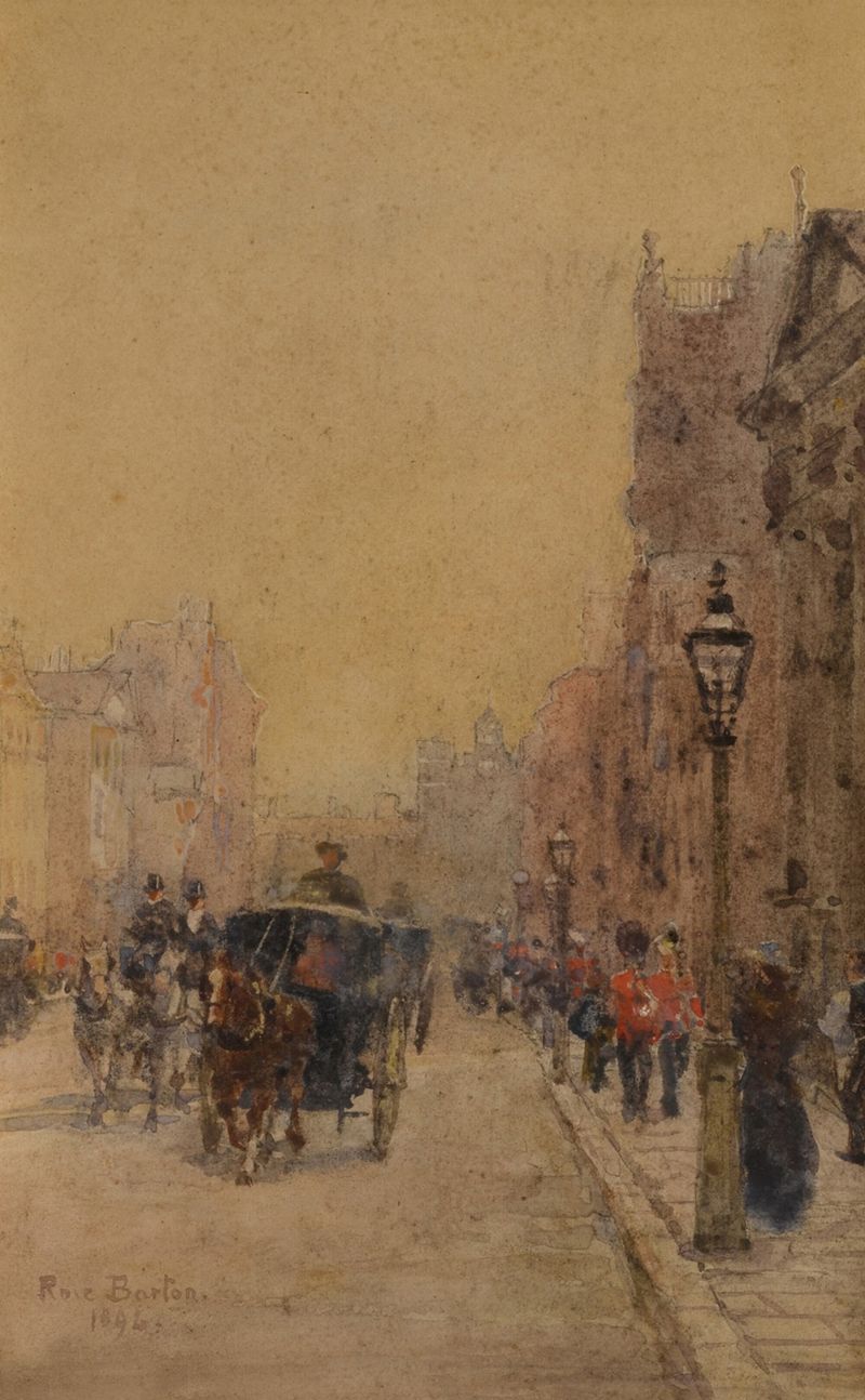 Genre scene with elegantly dressed figures on St James’s Street, London, by Rose Barton, oil painting