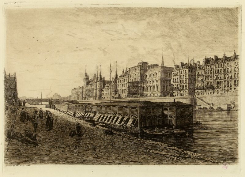 Landscape oil painting by Alfred Alexandre Delauney featuring a river and architecture.