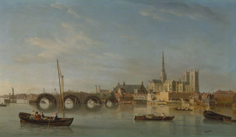 The Building of Westminster Bridge by Samuel Scott, Rococo, depicting a bridge over the River Thames.