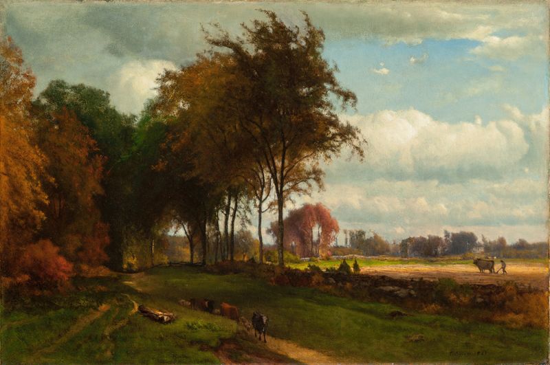 Landscape with Cattle, óleo sobre tela de George Inness, apresentando gado pastando em uma colina gramada.