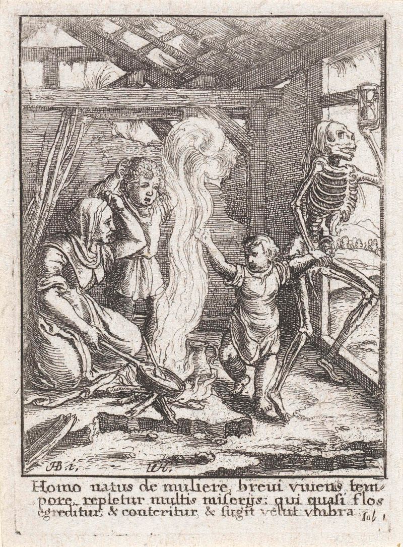 Grabado de Wenceslaus Hollar que representa a un niño y la Muerte en una composición serena