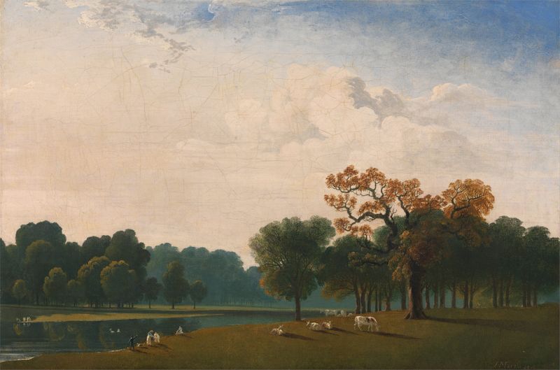 Kensington Gardens de John Martin, óleo sobre lienzo, con un paisaje tranquilo y un lago con figuras.