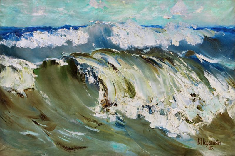 Die Woge de Karl Hagemeister, óleo sobre tela que retrata ondas brilhantes em azul e verde