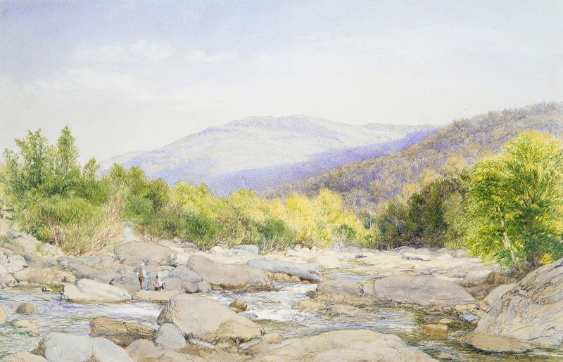 Landscape; View on Catskill Creek by John William Hill, oil painting of a creek and lush nature.