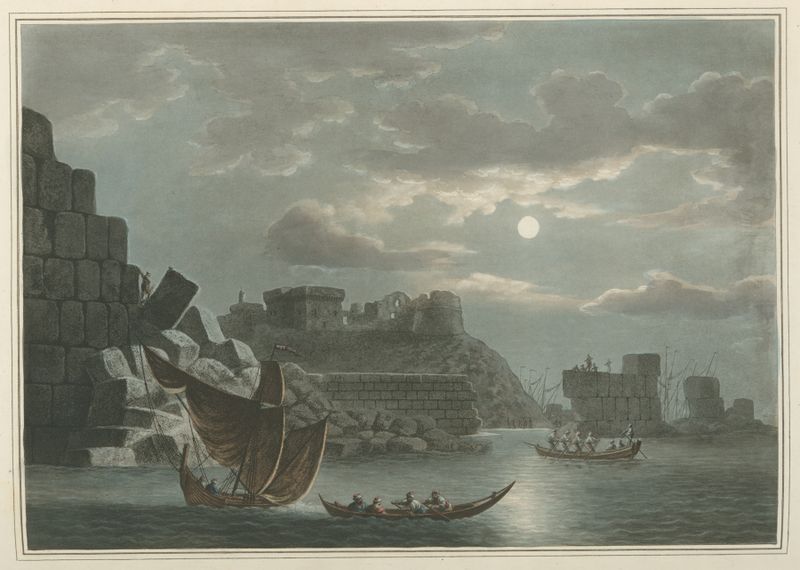 A Ilha de Tortosa de Luigi Mayer, aquarela sobre papel que retrata uma paisagem serena com água e árvores.