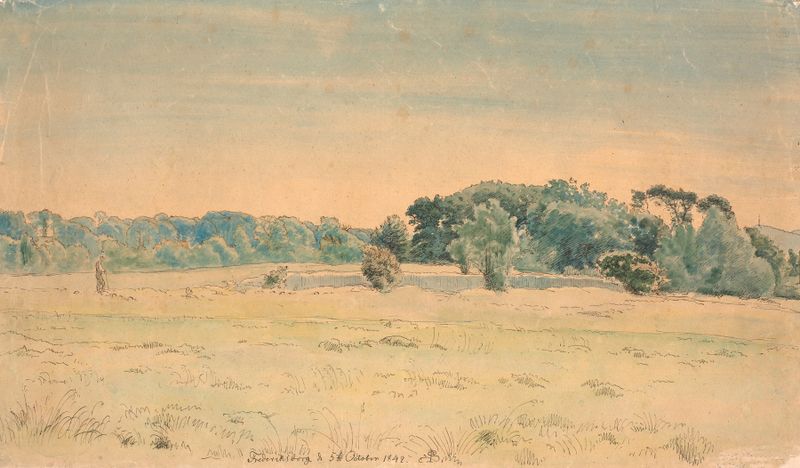 Landskab fra Frederiksborg by P. C. Skovgaard, oil painting of gentle hills and serene sky.