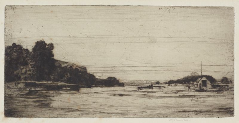 Paisaje postimpresionista de David Young Cameron, con una cabaña de pescador al atardecer.
