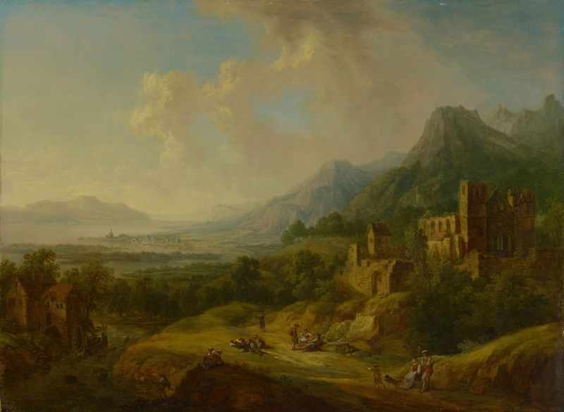 River Valley with Church Ruin and Staffage Figures, óleo de Christian Georg Schütz el anciano