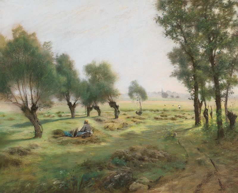 Escena de género que representa a trabajadores cosechando heno en un paisaje, pintura al óleo de Federico Rossano.