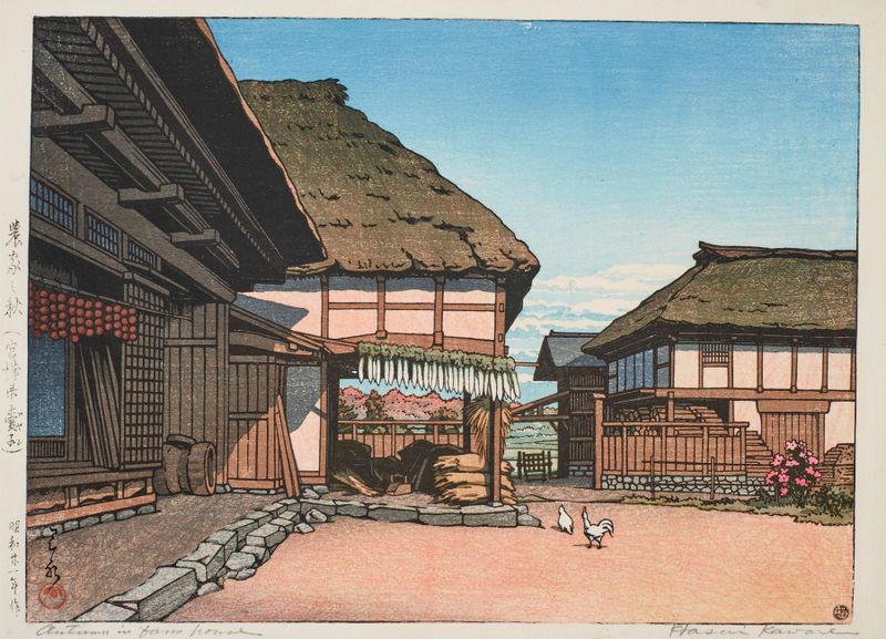 Ukiyo-e de Kawase Hasui que representa un paisaje sereno de granja en otoño