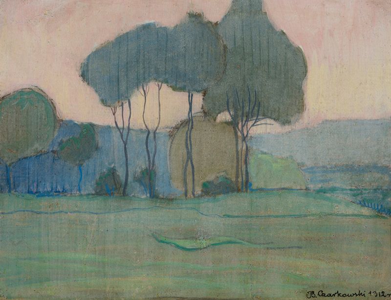 Italian landscape by Bolesław Czarkowski, oil on canvas depicting hills and a river at sunrise.