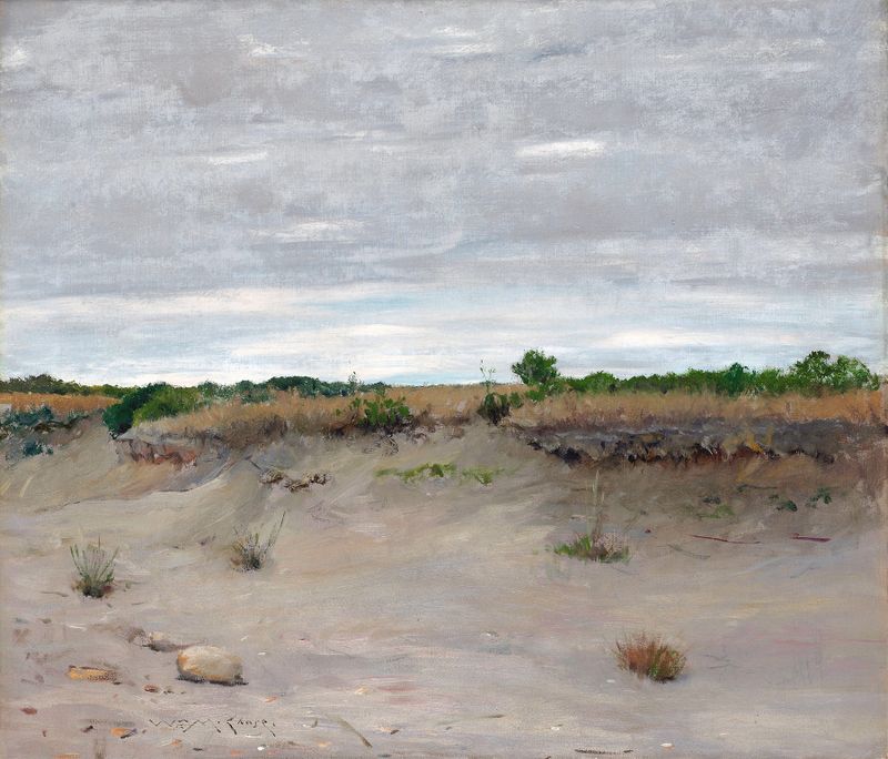 Wind-Swept Sands de William Merritt Chase, óleo sobre tela mostrando dunas suaves e luz suave.