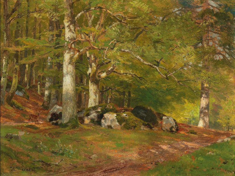 Cena de floresta com cervo, óleo sobre tela de Hugo Darnaut