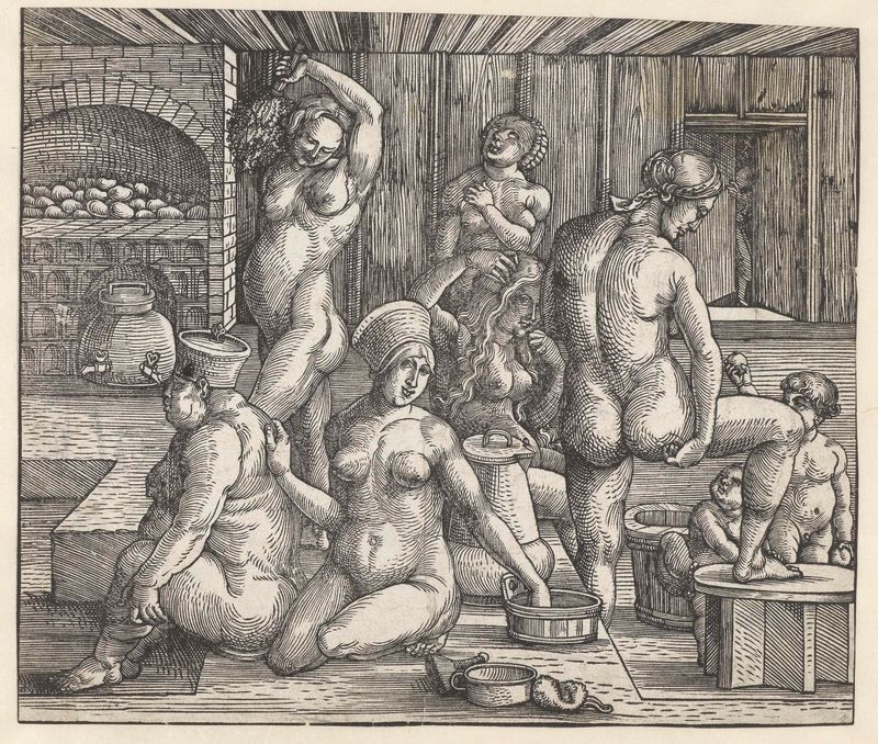 Women bathing in a pond, etching by Hans Springinklee