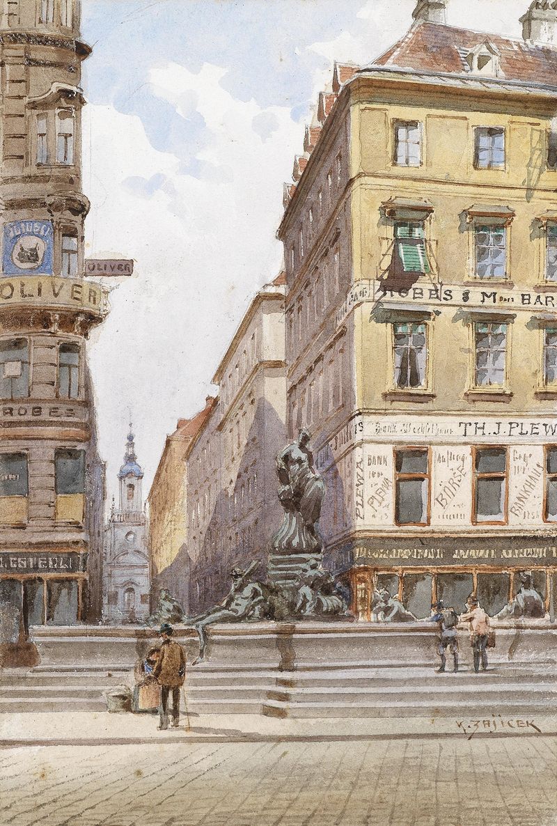 Fountain in a cityscape, oil painting by Karl Wenzel Zajicek