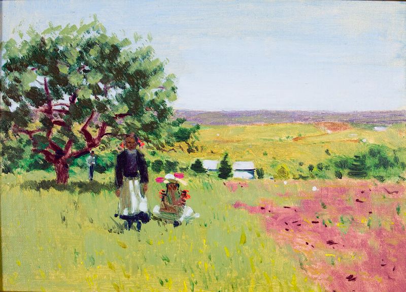 Paisaje con pradera y dos figuras de Denman Waldo Ross, óleo sobre lienzo que muestra dos figuras bajo un árbol.