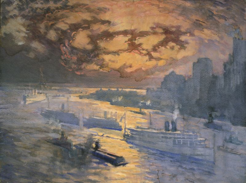 Reflective River de Joseph Pennell, Impressionismo, retratando água cintilante e reflexos.
