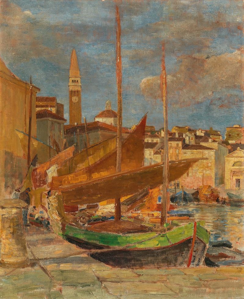 Escena marina de un puerto con luz solar reflejando en el agua, pintura al óleo de Tina Blau