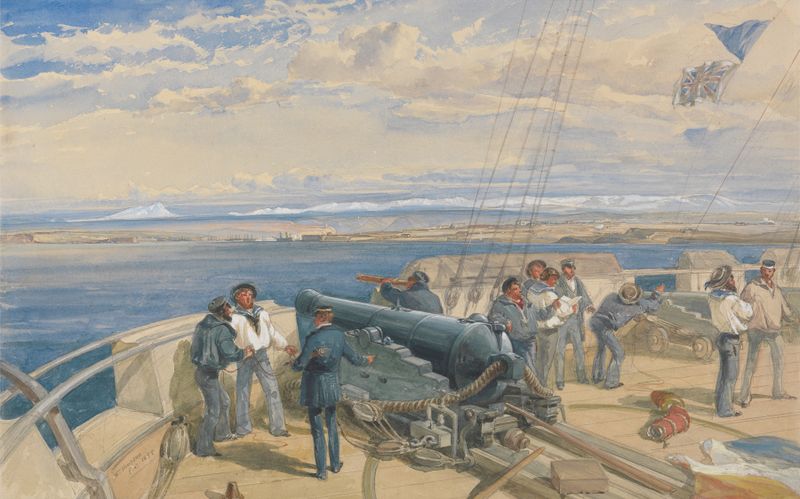 Watercolour by William Simpson depicting a fortress and sea view of Sebastopol