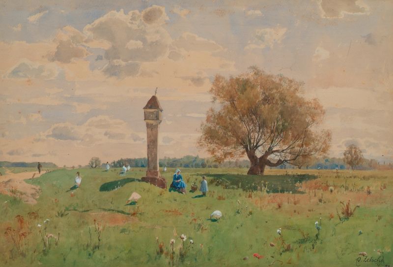 Paisaje sereno con verdes suaves y marrones, pintura al óleo de Eduard Zetsche