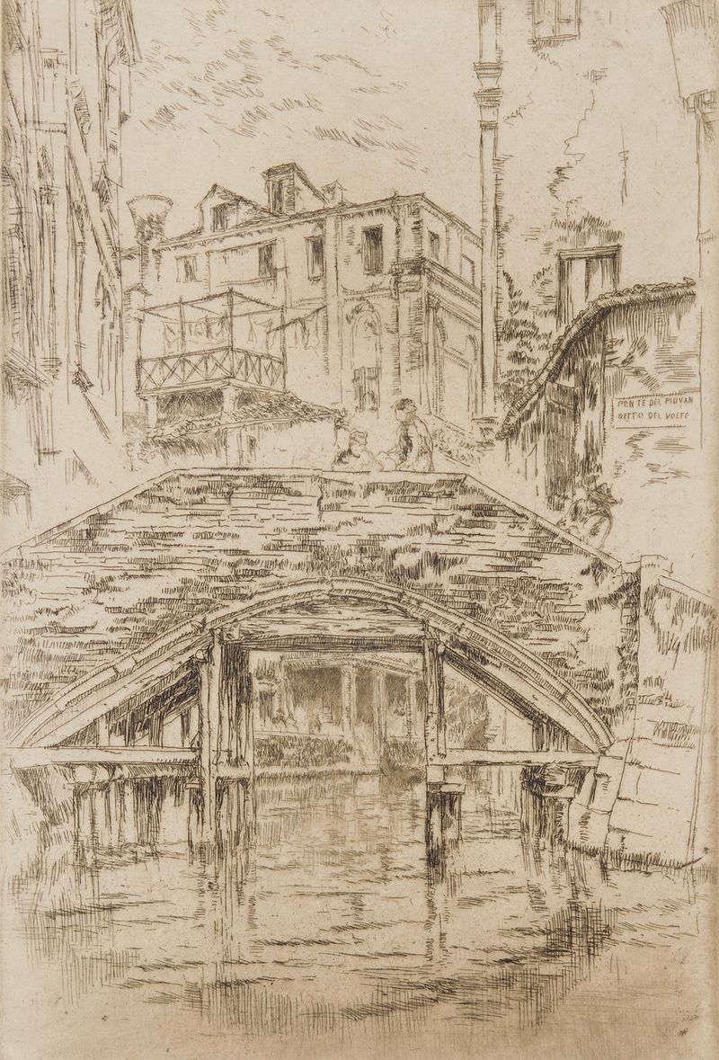 Ponte del Piovan de James Abbott McNeill Whistler, óleo sobre lienzo, que representa un puente sobre el agua por la noche.