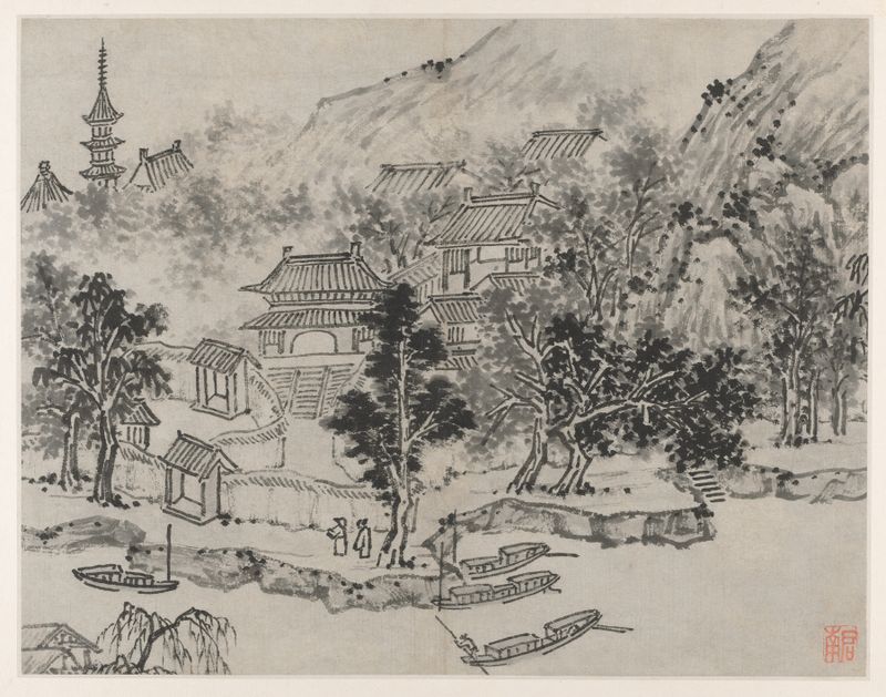 Distant View of Tiger Hill from the Canal Mooring, Chinese Traditional de Shen Zhou