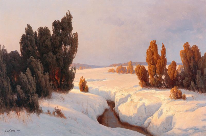 Paisaje invernal bajo el sol, óleo sobre lienzo de Carl Kenzler