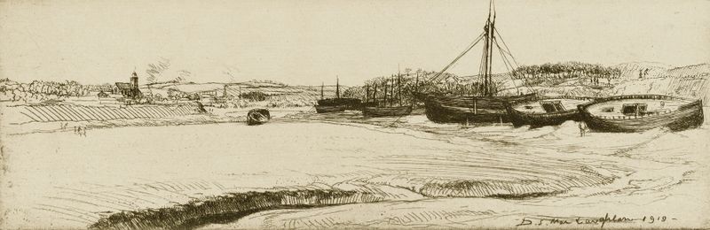 On the Hayle, óleo sobre tela de Donald Shaw MacLaughlan, retratando uma paisagem serena com reflexos na água.