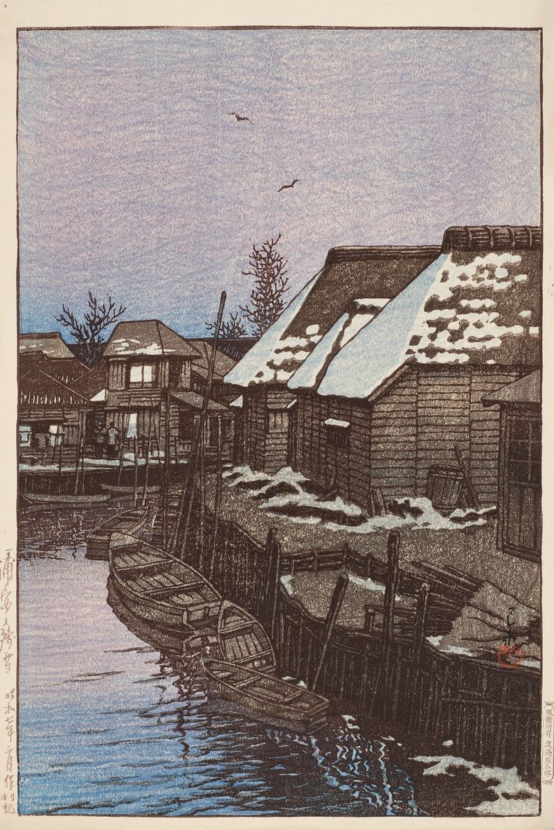 Gravura em madeira de Kawase Hasui mostrando uma paisagem de inverno com neve e uma cerca de madeira